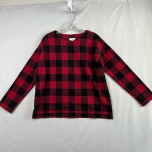 J Jill Long Sleeve Shirt Womens S Petite Red Black Buffalo Plaid Crewneck Boxy